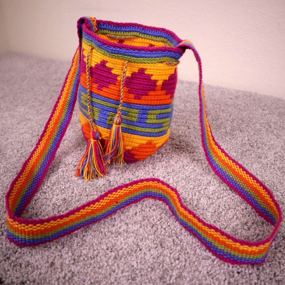 Authentic Wayuu Mochila Bag Handmade Crochet Crossbody Boho Multicolor Tassel Sm